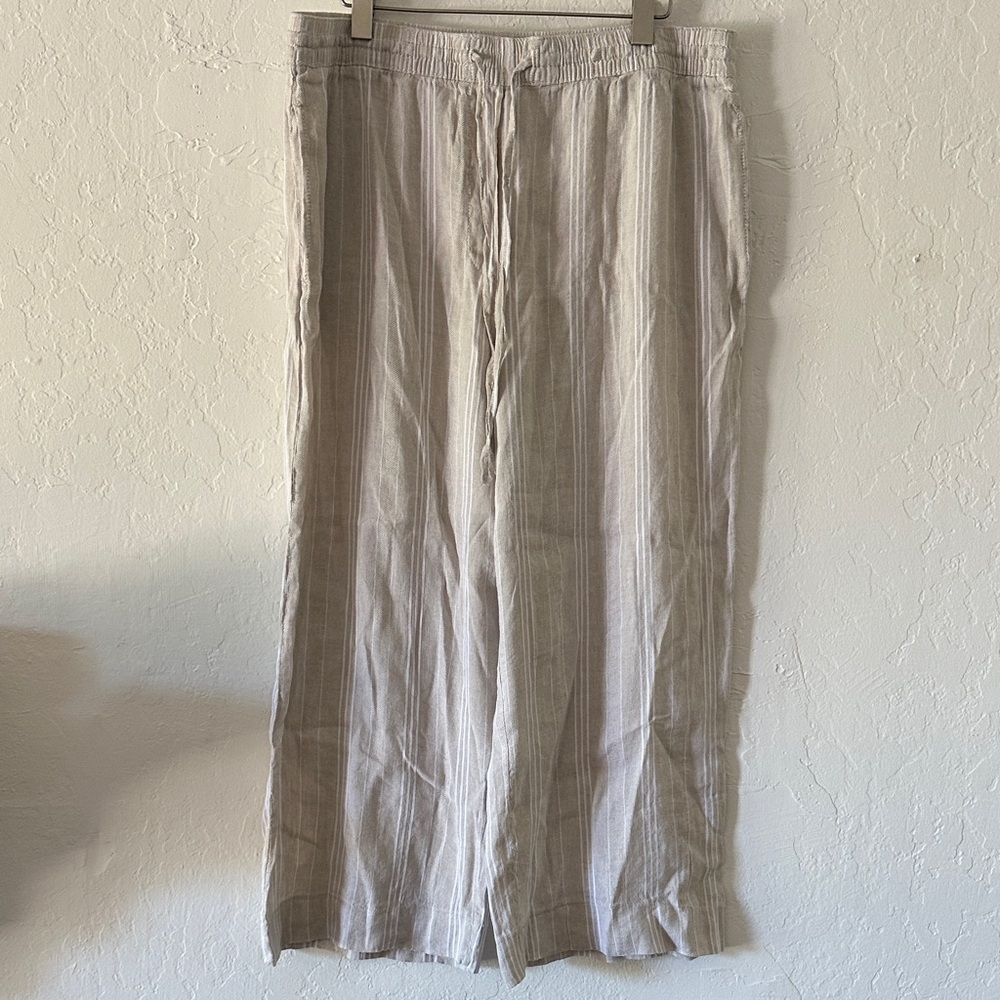 DKNY Pure Beige Striped Cropped Pants – L, Linen‎ Blend, Drawstring Waist